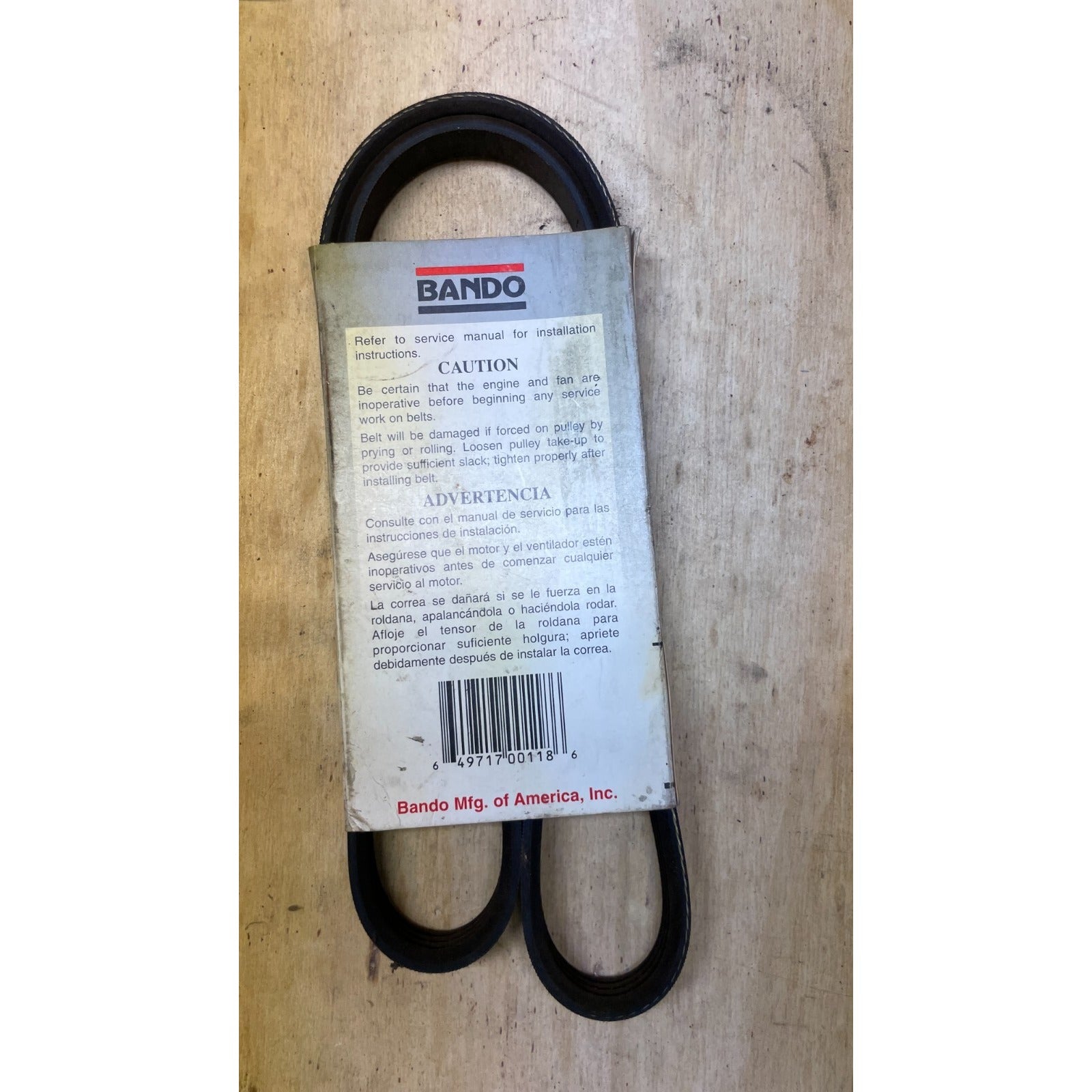 Bando 4PK1050 Automotive Belt back of package item description and cautions