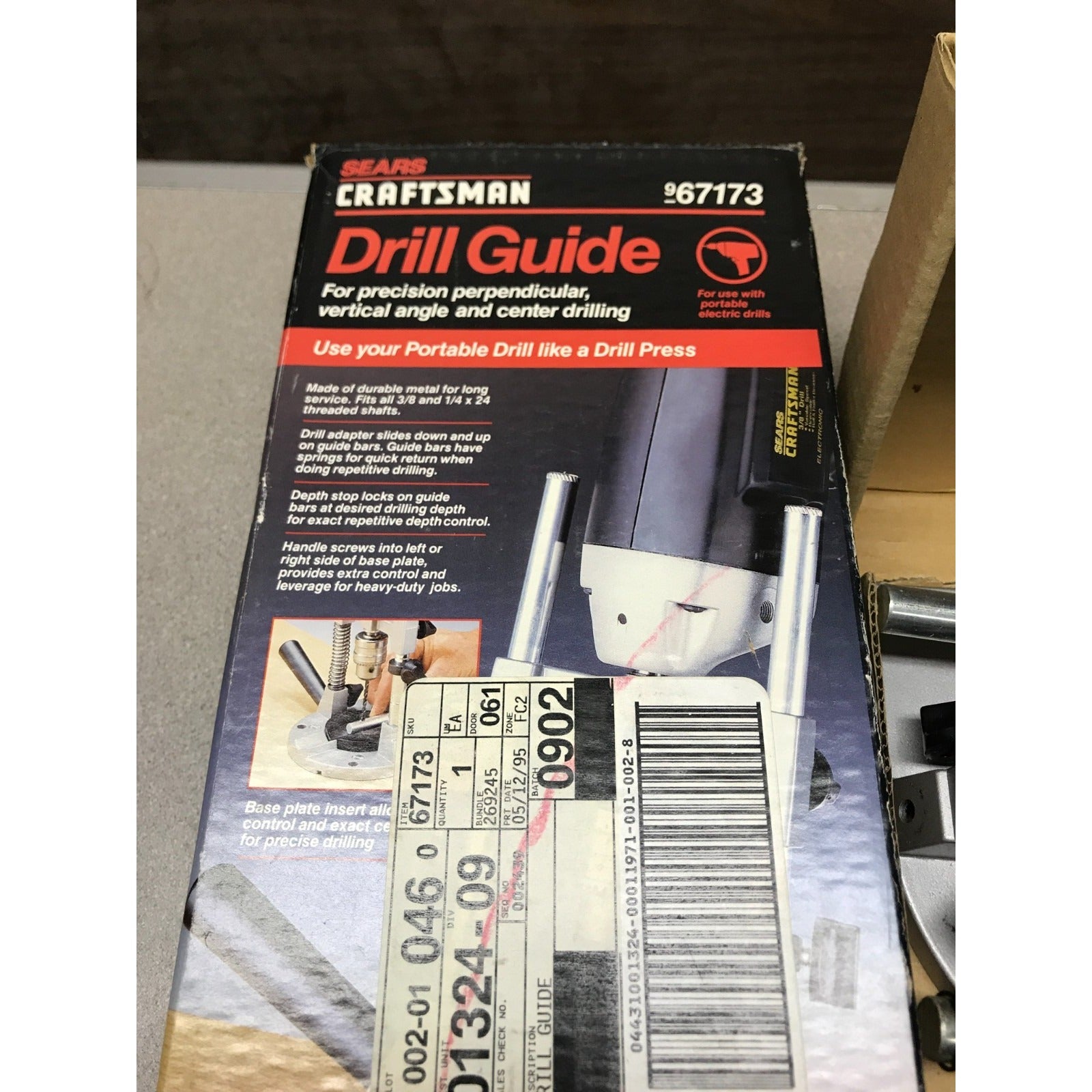 Sears Craftsman Drill Guide, Model 67173 closeup of box with item details