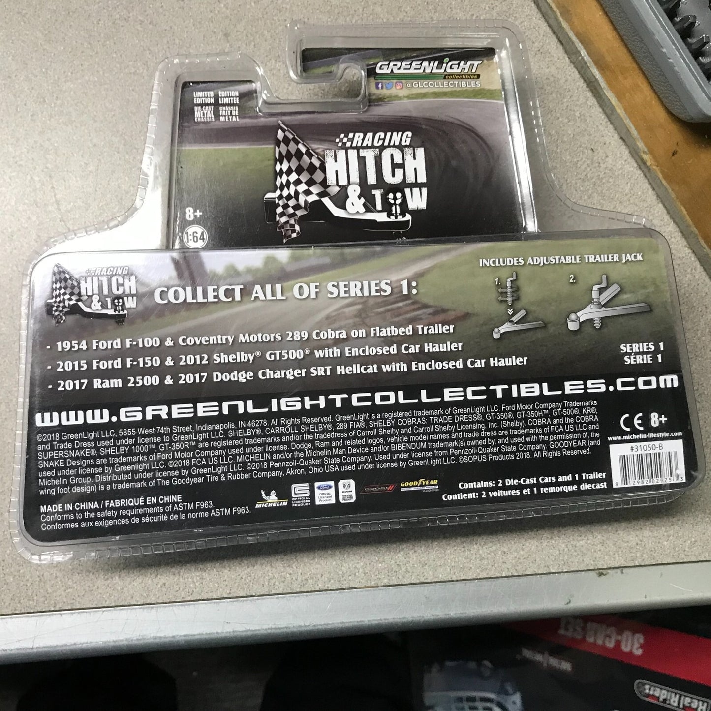 Greenlight Racing Hitch and Tow 2017 Ram 2500 &amp; Dodge Charger SRT Hellcat with Enclosed Car Hauler back of package item details