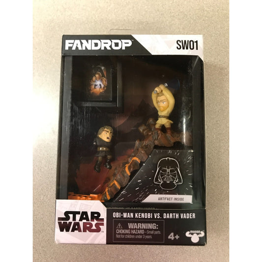 Fandrop Star Wars Obi-Wan Kenobi vs. Darth Vader figure set in its original retail packaging, featuring Obi-Wan and Darth Vader with a lightsaber on a beige tabletop background.