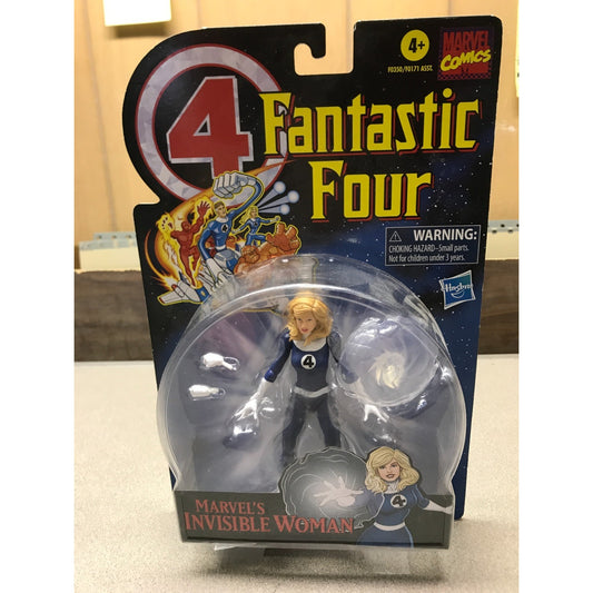 Marvel's Invisible Woman action figure in its original carded packaging, featuring the character in a blue and white suit inside a clear bubble, with '4 Fantastic Four' branding on the backing card.