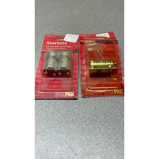 GAMPAK Fluorescent Fixture Starters 30-40 Watt, Lot of 3, unused, Part No. 18304 front of package displaying item, one package missing one piece