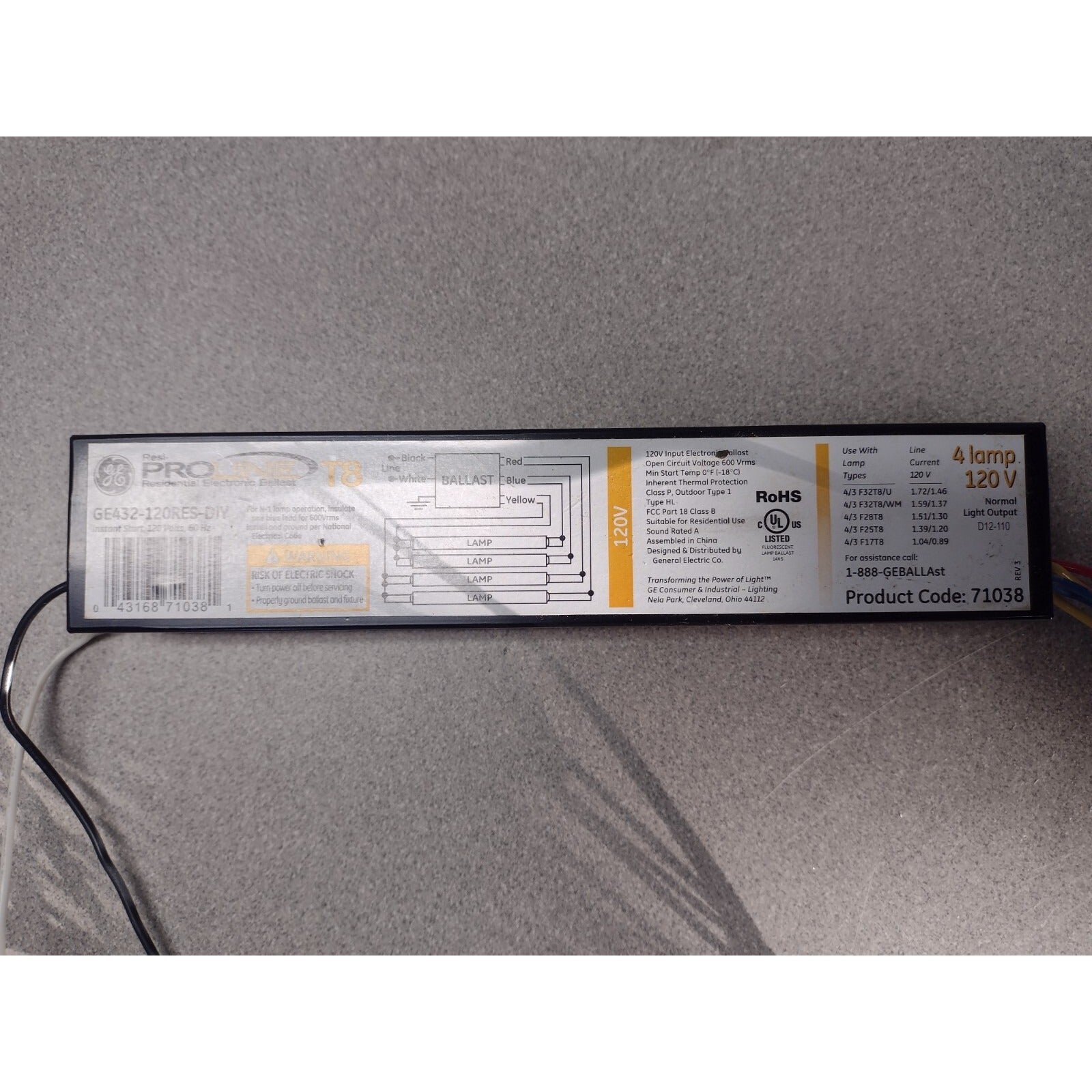 GE Resi-PROLINE Residential Electronic Ballast - Product Code 71038 label with wiring diagram
