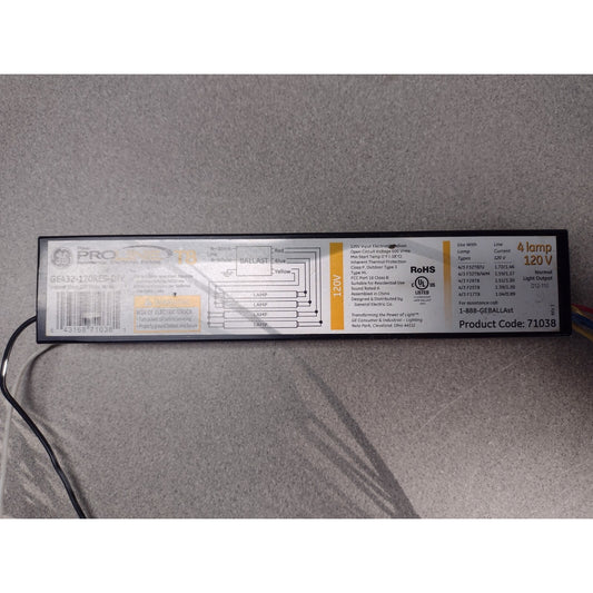 GE Resi-PROLINE Residential Electronic Ballast - Product Code 71038 label with wiring diagram
