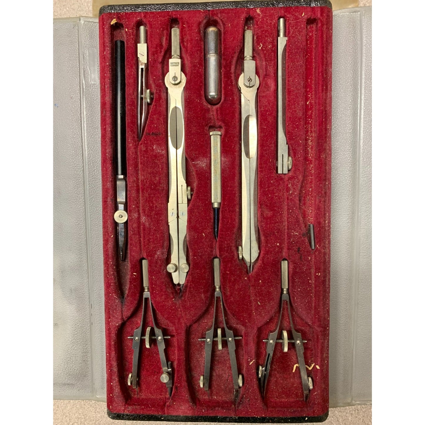 Dietzgen Reliance Vintage Drafting Tool Set closeup of tools in case
