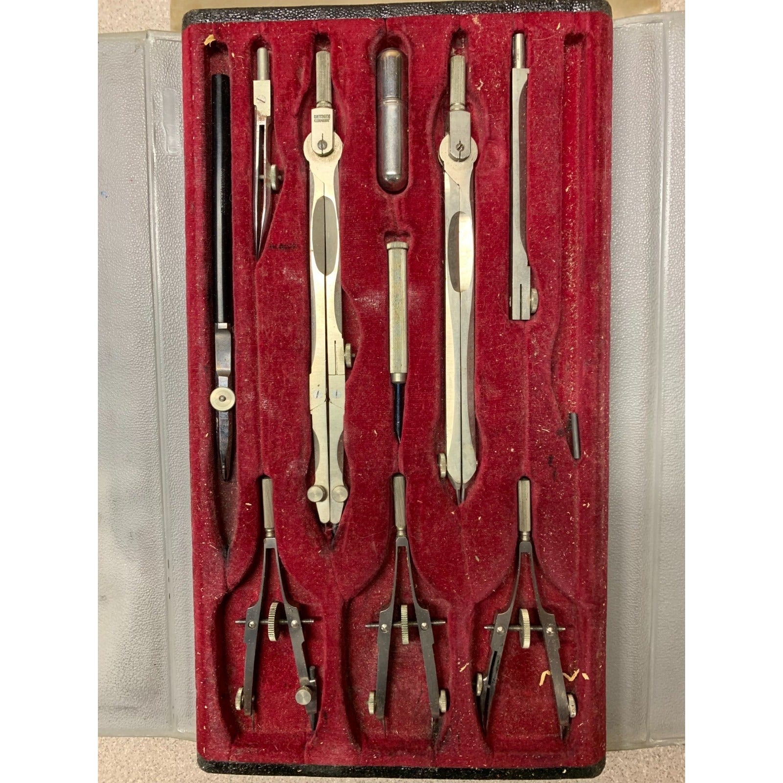Dietzgen Reliance Vintage Drafting Tool Set closeup of tools in case