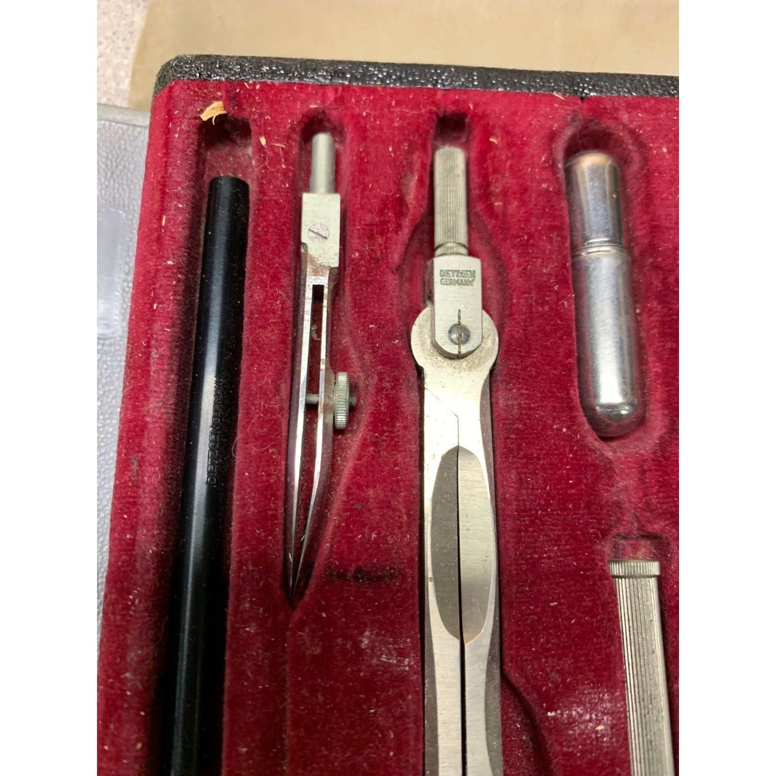 Dietzgen Reliance Vintage Drafting Tool Set closeup of tools in case