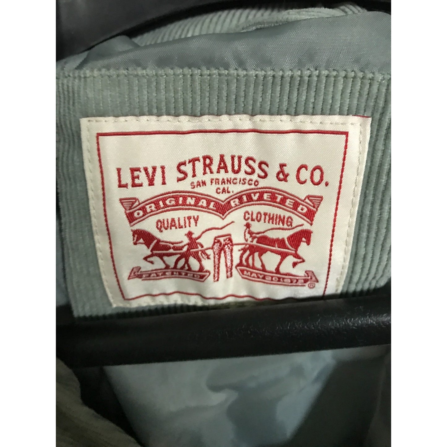 Levi Strauss Corduroy Light Blue Jacket Women's Medium closeup of inside label