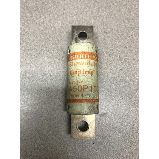 Gould Shawmut A50P100 Type 4 Fuse 100A 500V or Less - Lot of 2 front view with branding and part number