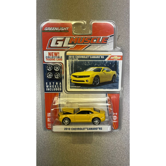 Greenlight 2010 Chevrolet Camaro Die Cast Car with Wheels and Trading Card front of package displaying car and card