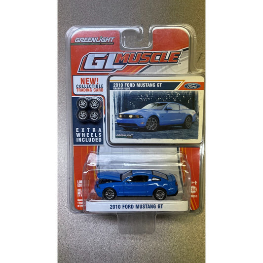 Greenlight 2010 Ford Mustang GT Die Cast Car with Wheels and Trading Card front of package displaying car and card