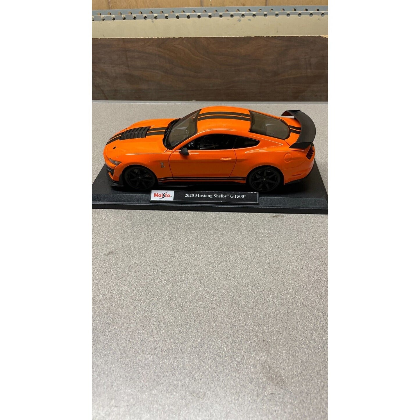 Maisto 2020 Mustang Shelby GT500 Orange Die Cast, Scale 1/18 with Base driver's side view