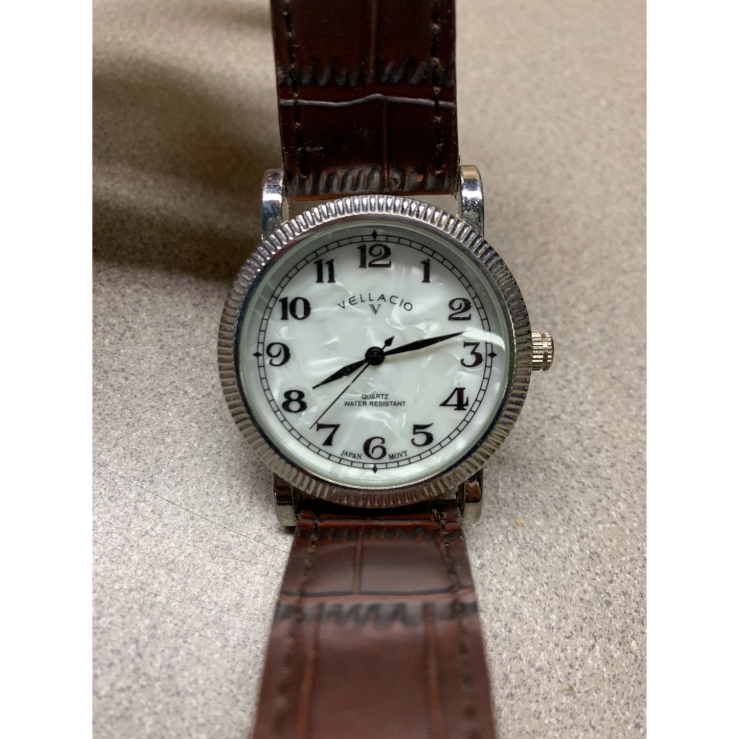 Vellacio Men's Watch 4004 Quartz Water Resistant on Genuine Leather Band watch face closeup