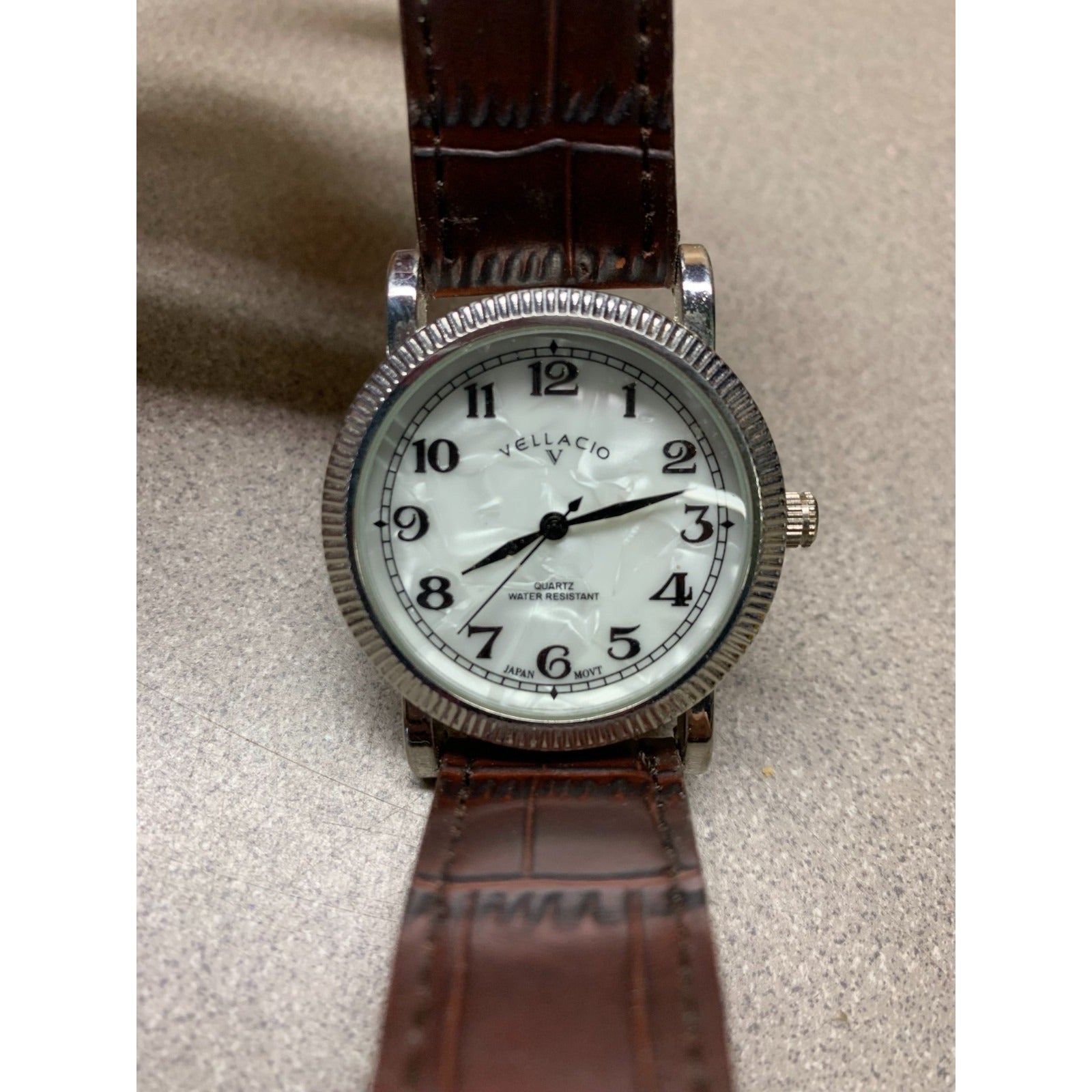 Vellacio Men's Watch 4004 Quartz Water Resistant on Genuine Leather Band watch face closeup