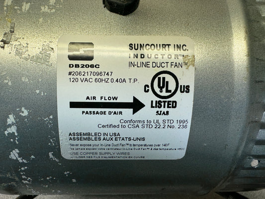 Suncourt Inc Inductor in-line Duct Fan DB206C 120VAC label