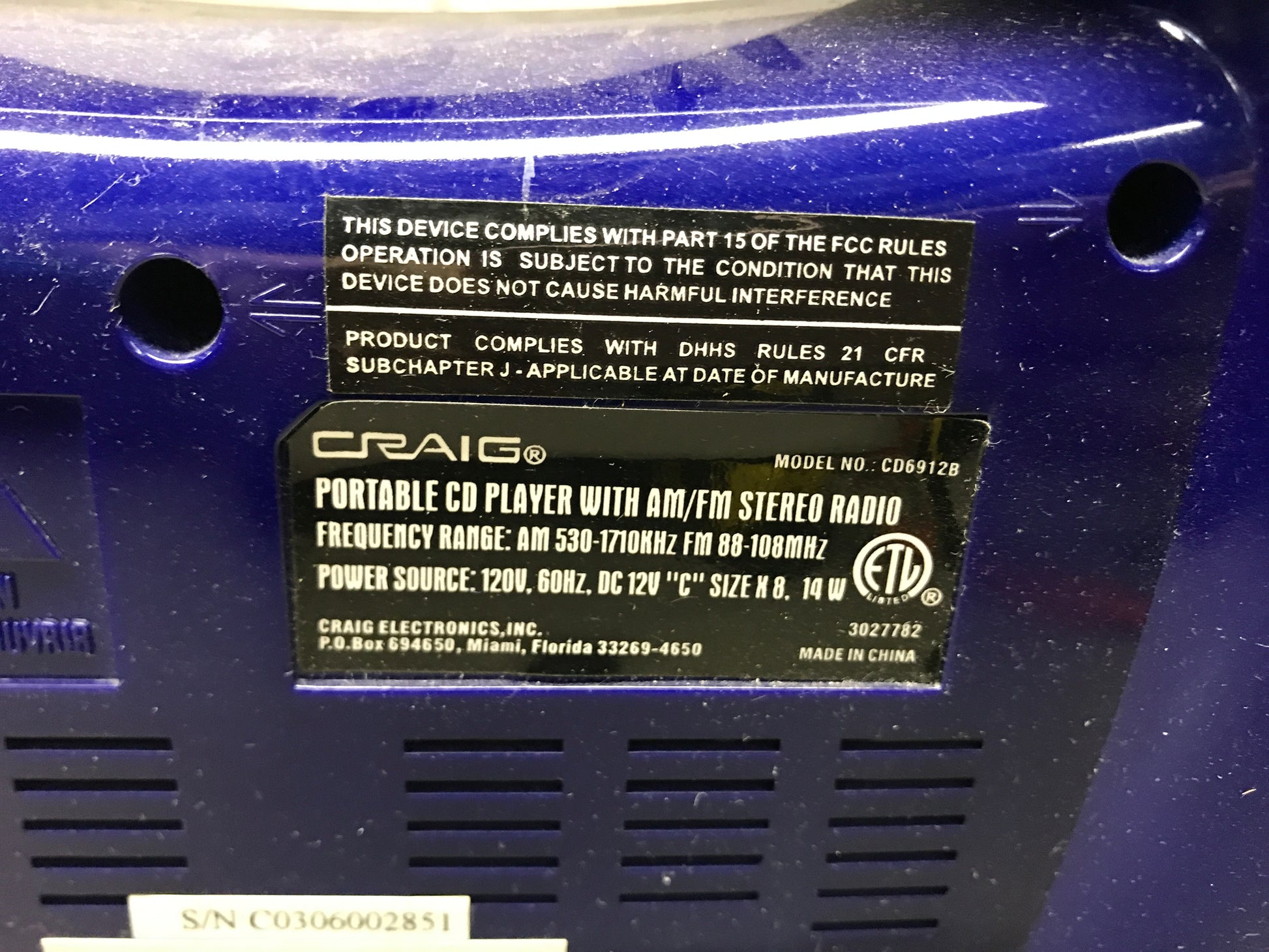 Craig CD6912B Blue Vintage Sports Stereo Radio Label