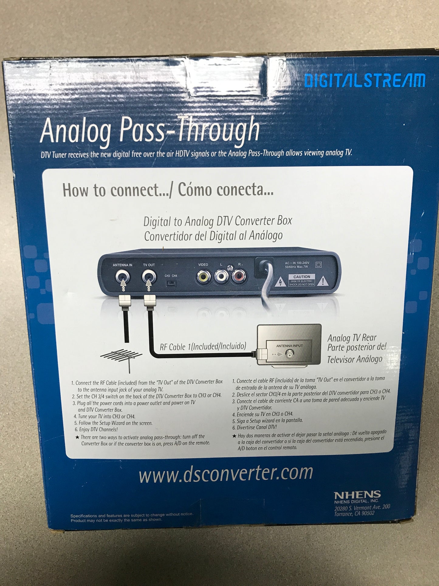 DTX9950 Analog Pass-Through DTV Converter Box back of box shows connections