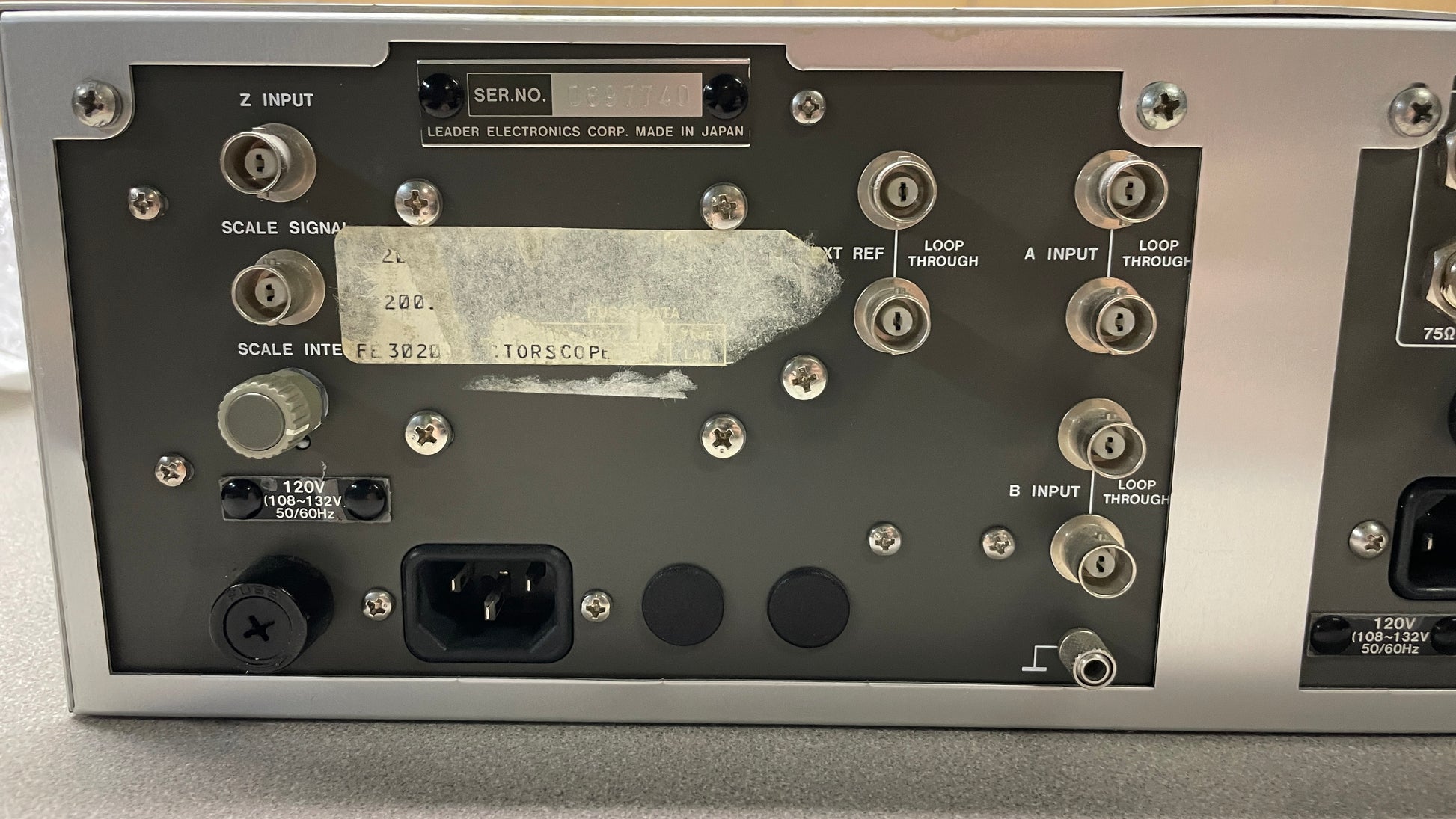 Leader LR-2400A-1-02 Rack Adapter with 5860D Waveform Monitor and 5850C NTSC Vectorscope back panel close up