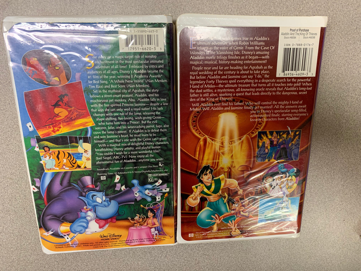 Aladdin Rare Black Diamond Ed. and Aladdin and the King of Thieves Disney VHS tapes back of video tape cases with video information