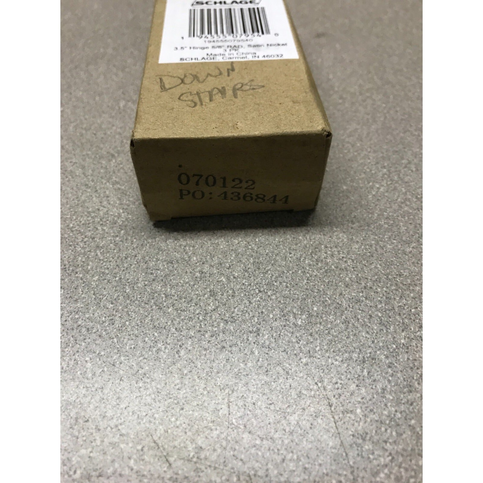 Schlage 3.5" Hinge 5/8" RAD, Satin Nickel bottom of box