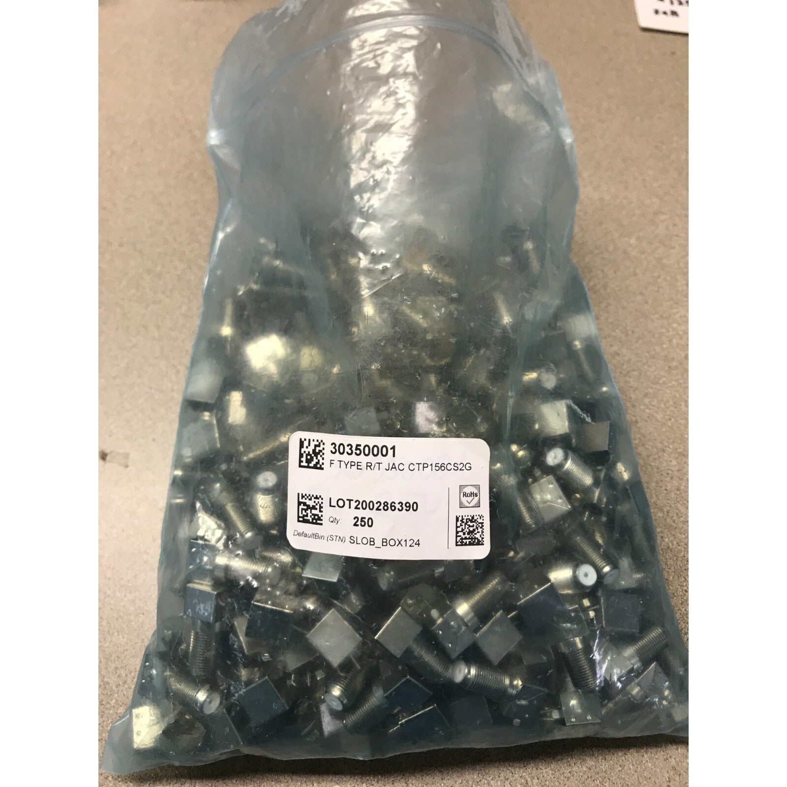 F-Type Female Panel Mount right angle CTP-156-CS2G - Lot of ~250 in plastic bag with product label