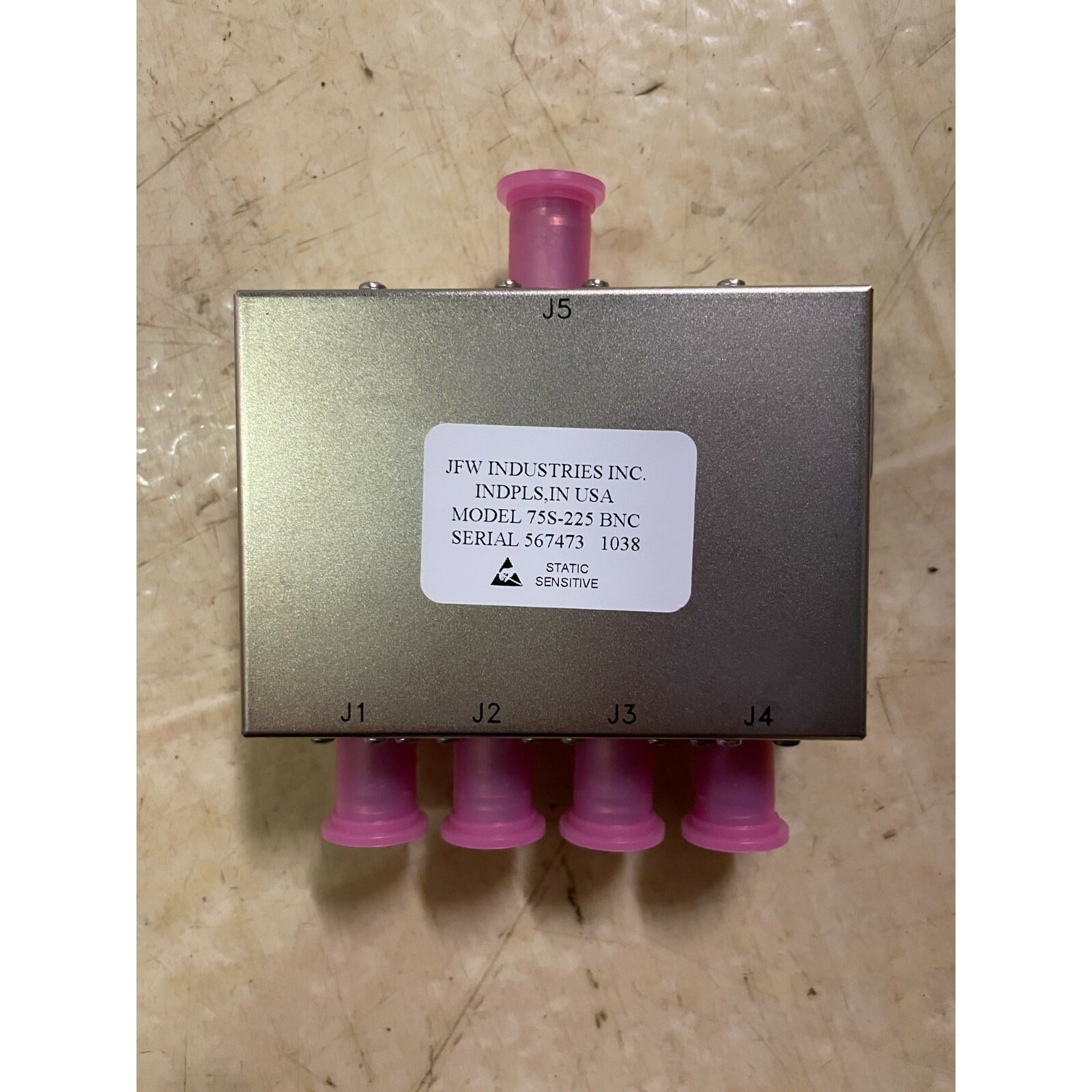 JFW Industries Inc Model 75S-225 BNC Splitter top of unit with product label