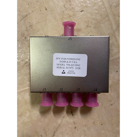 JFW Industries Inc Model 75S-225 BNC Splitter top of unit with product label
