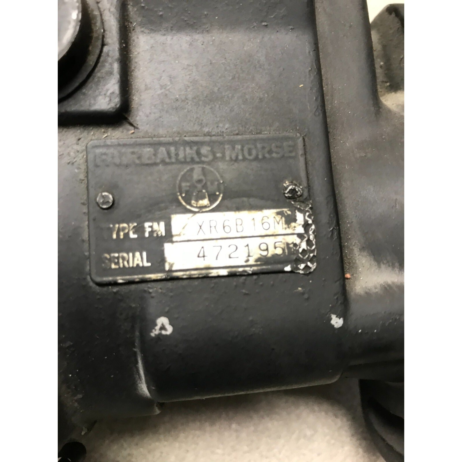 Fairbanks Morse Type FM XR6B16M product tag closeup Type and serial number