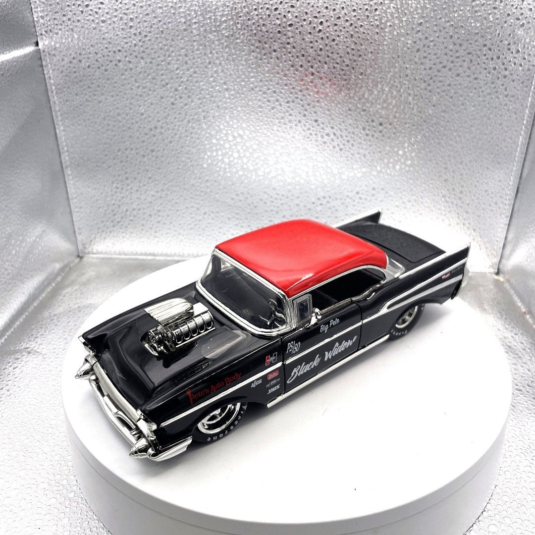 Jada Toys 1957 Chevy Bel Air Black Drag Car, Scale: 1/24, No. 30533, Big Pete Black Widow front end/drivers side view