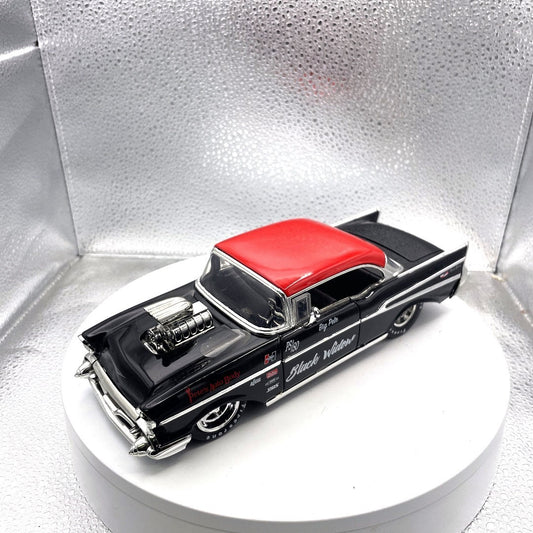 Jada Toys 1957 Chevy Bel Air Black Drag Car, Scale: 1/24, No. 30533, Big Pete Black Widow front end/drivers side view