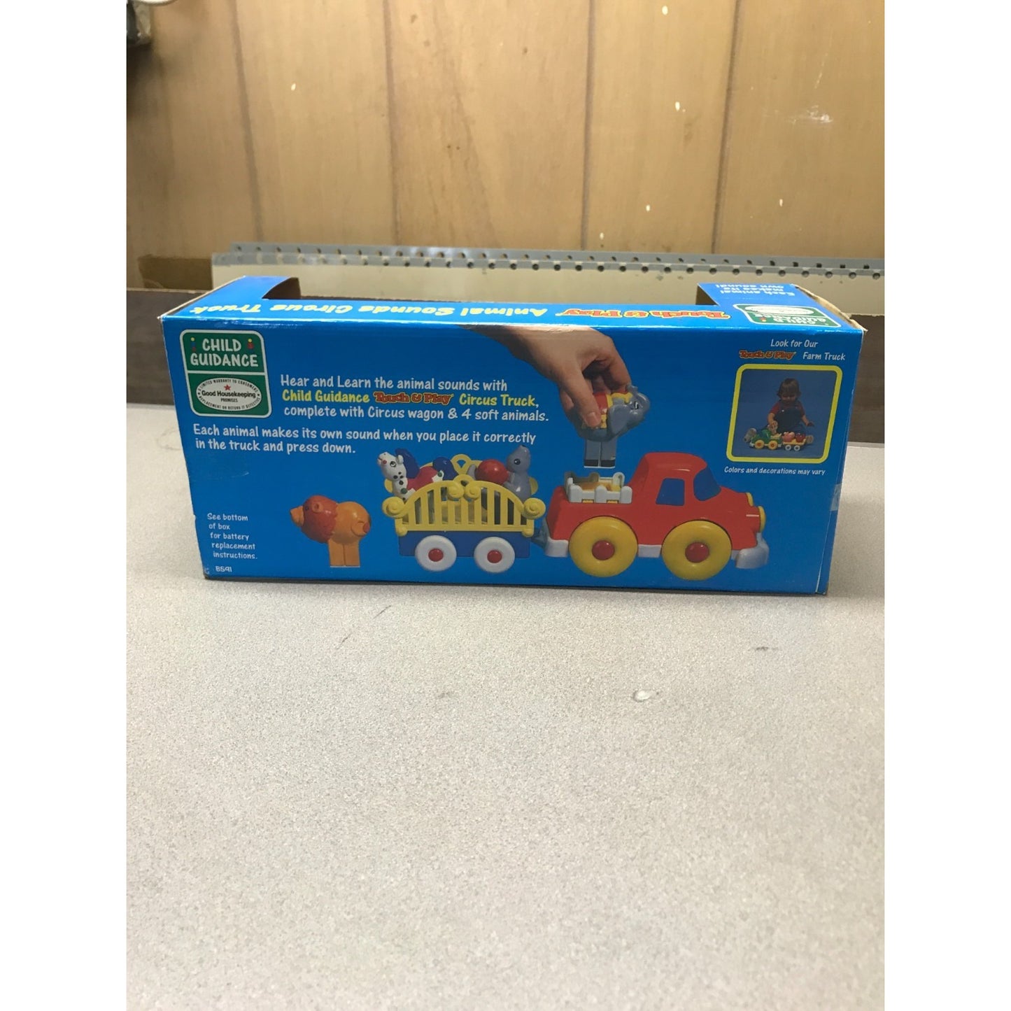 Vintage Touch and Play Animal Sounds Circus Truck back of box item details and picture 
