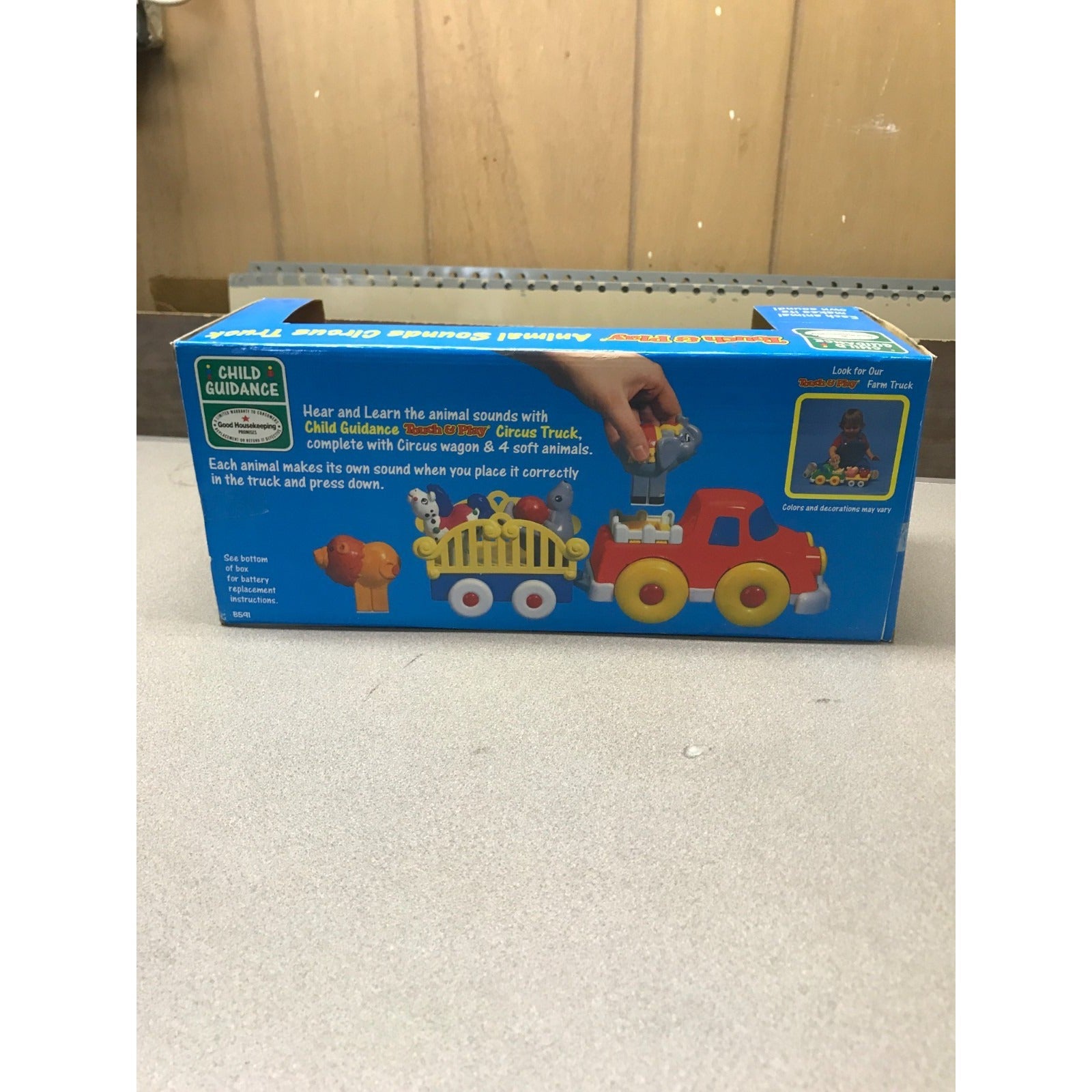 Vintage Touch and Play Animal Sounds Circus Truck back of box item details and picture 