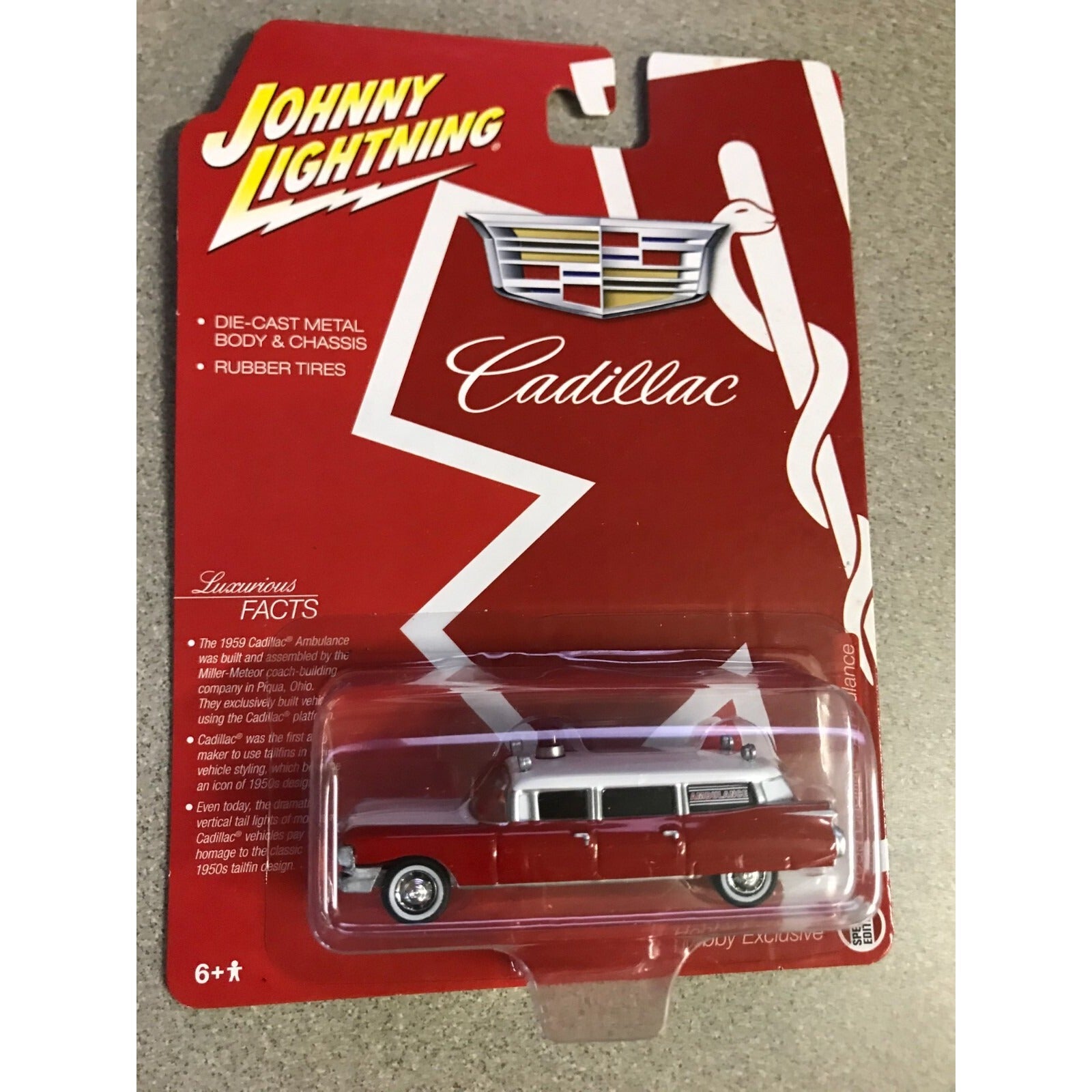 Johnny Lightning 1959 Cadillac Ambulance JLSP098 front of package displaying ambulance