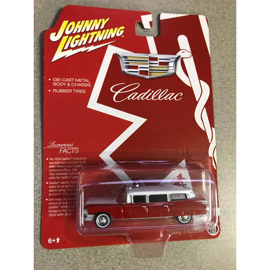 Johnny Lightning 1959 Cadillac Ambulance JLSP098 front of package displaying ambulance