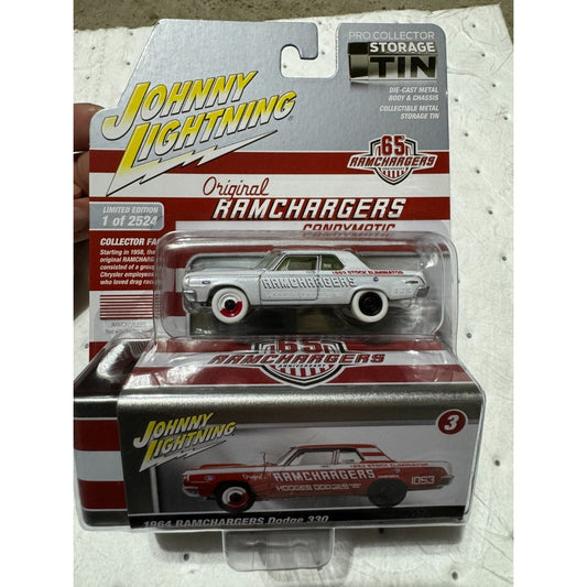 Johnny Lightning Original Ramchargers White Lightning Chase Piece 1964 Ramchargers Dodge 330 front of packaging displaying car
