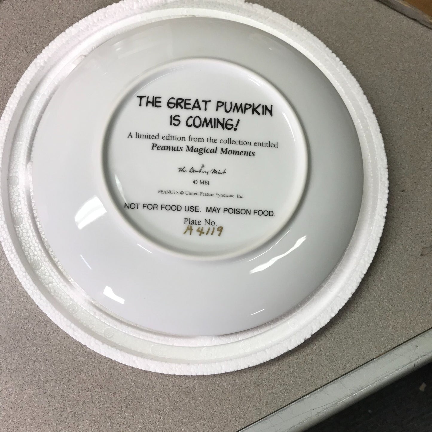 The Danbury Mint Peanuts Magical Moments Plates Serial No. A4119 back of plate with title and serial number