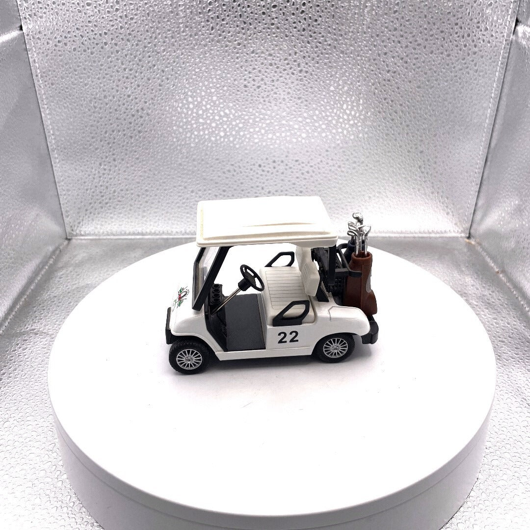 Kinsfun Golf Cart w/ Clubs Diecast Metal Model Caddy Toy Car White Logo Cart #22, KS 5105
 driver's side view