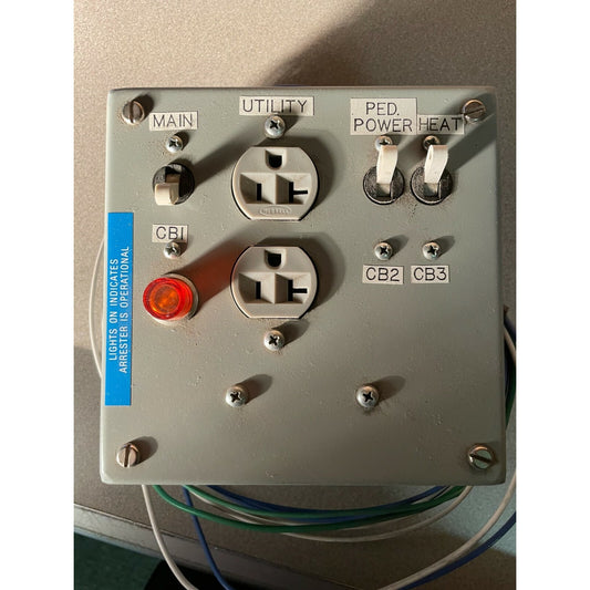 LIGHTNING PROTECTION CORP LPC-20111-12&nbsp;AC POWER ARRESTER&nbsp;120V, 2 WIRE, 1 PHASE top view with switch es and connections labeled