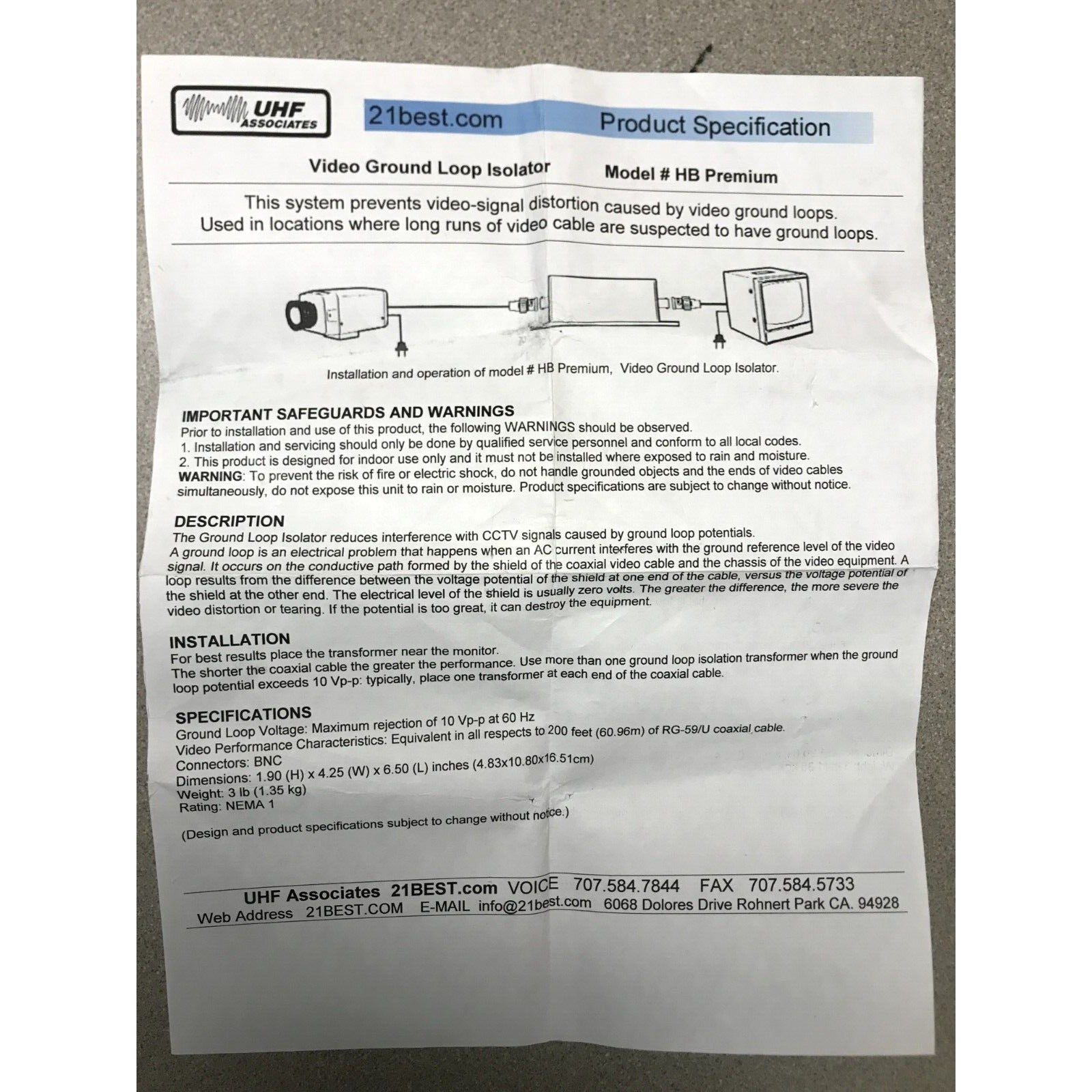 Video Ground Loop Isolator Model Hum Bucker (HB) Premium 21best.com instructions