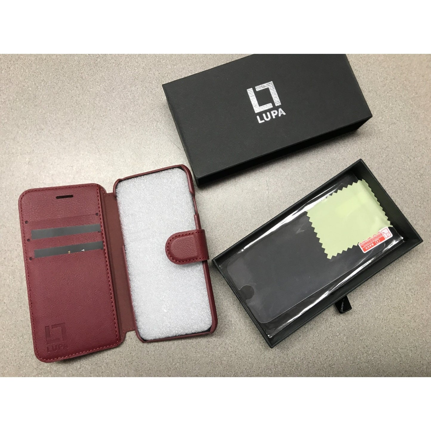Leather iPhone 8 Wallet Case and Screen Protector Burgundy Lupalegacy box, wallet case and accessories included