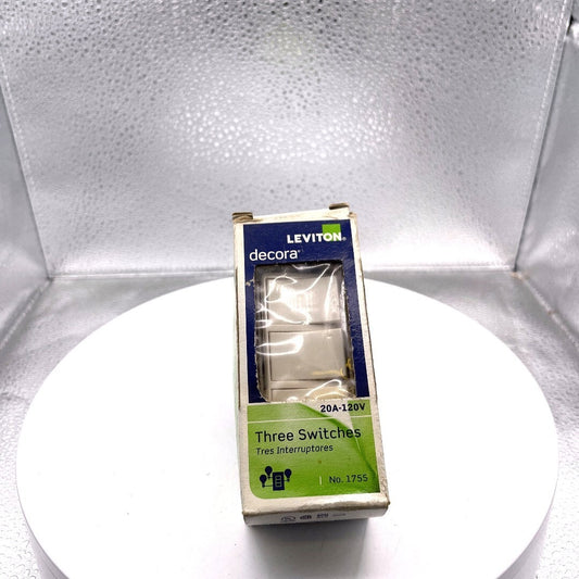 Leviton Decora Triple Rocker Combination Switch Light Almond 20A-120V, No. 1755 front of box
