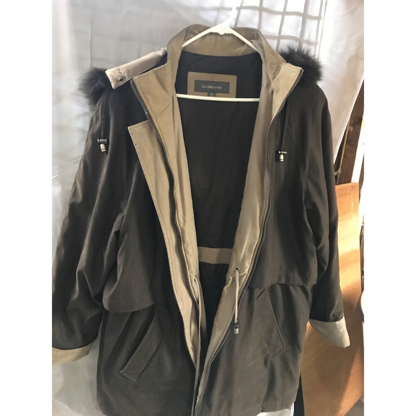 Liz Claiborne Vintage Women's Brown zipper closure Rain Coat Jacket Size XL with detachable hood front view