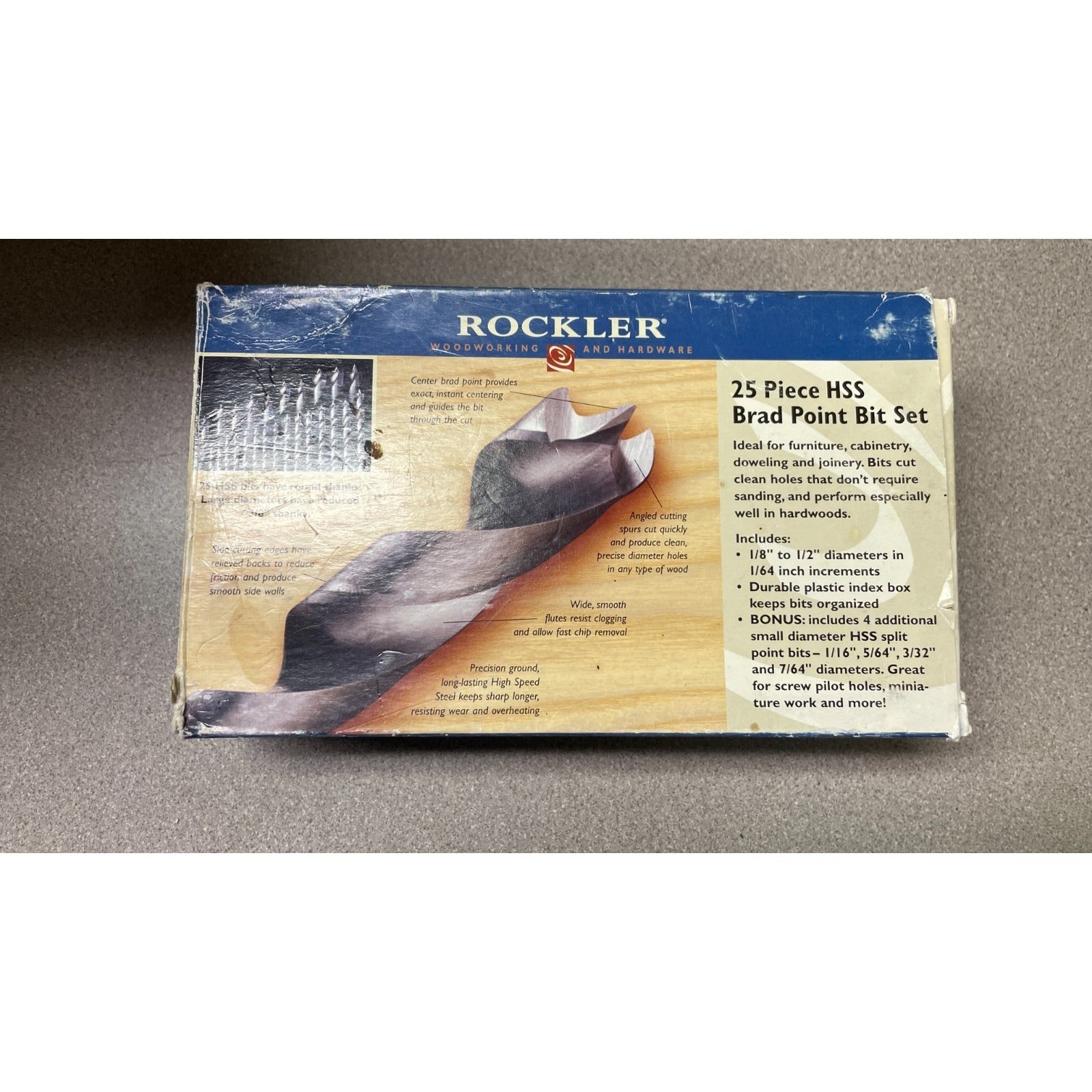 Rockler 25 Piece HSS Brad Point Bit Set, In Box front of box with product description