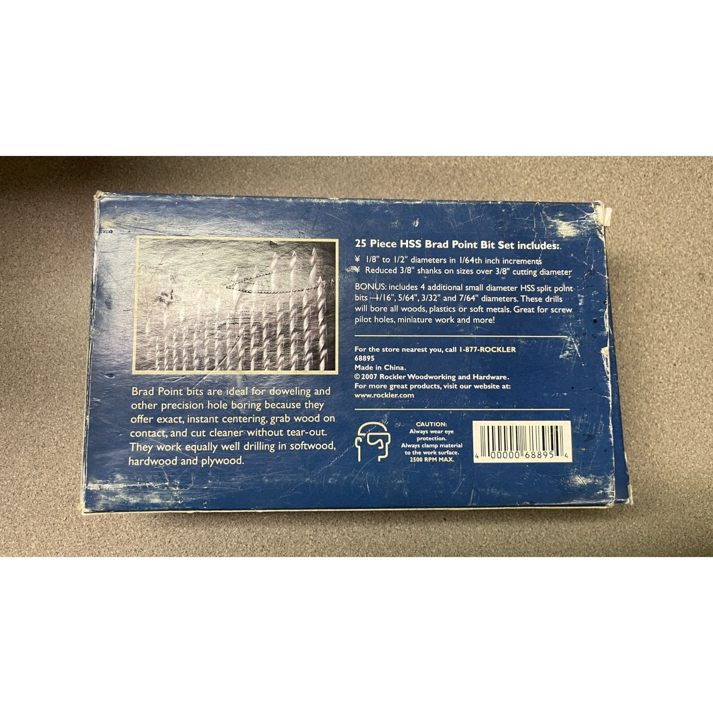Rockler 25 Piece HSS Brad Point Bit Set, In Box back of box with production details set contents