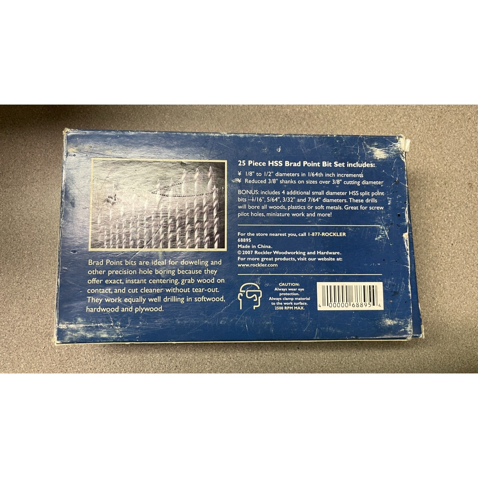 Rockler 25 Piece HSS Brad Point Bit Set, In Box back of box with production details set contents