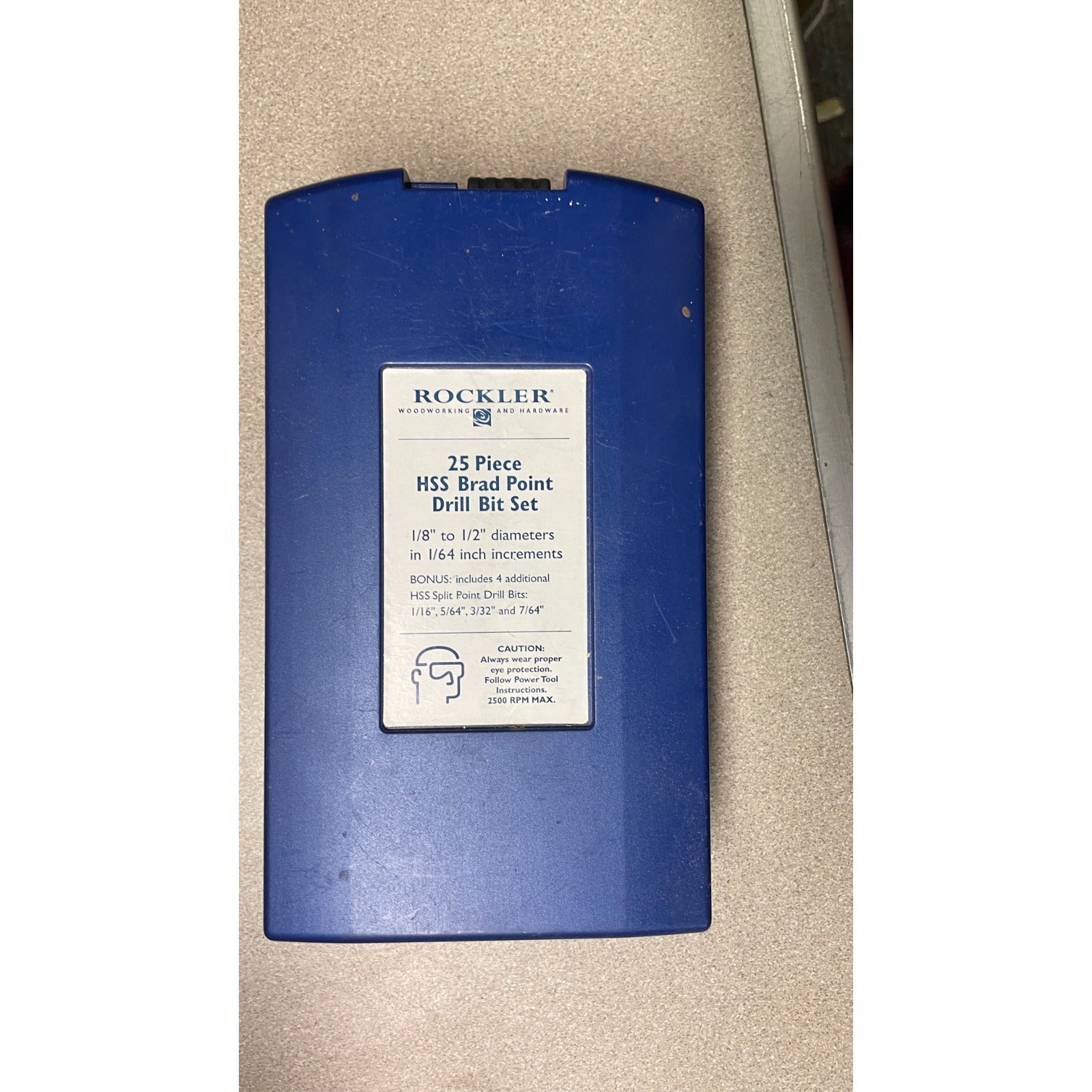 Rockler 25 Piece HSS Brad Point Bit Set, In Box front of case with product description