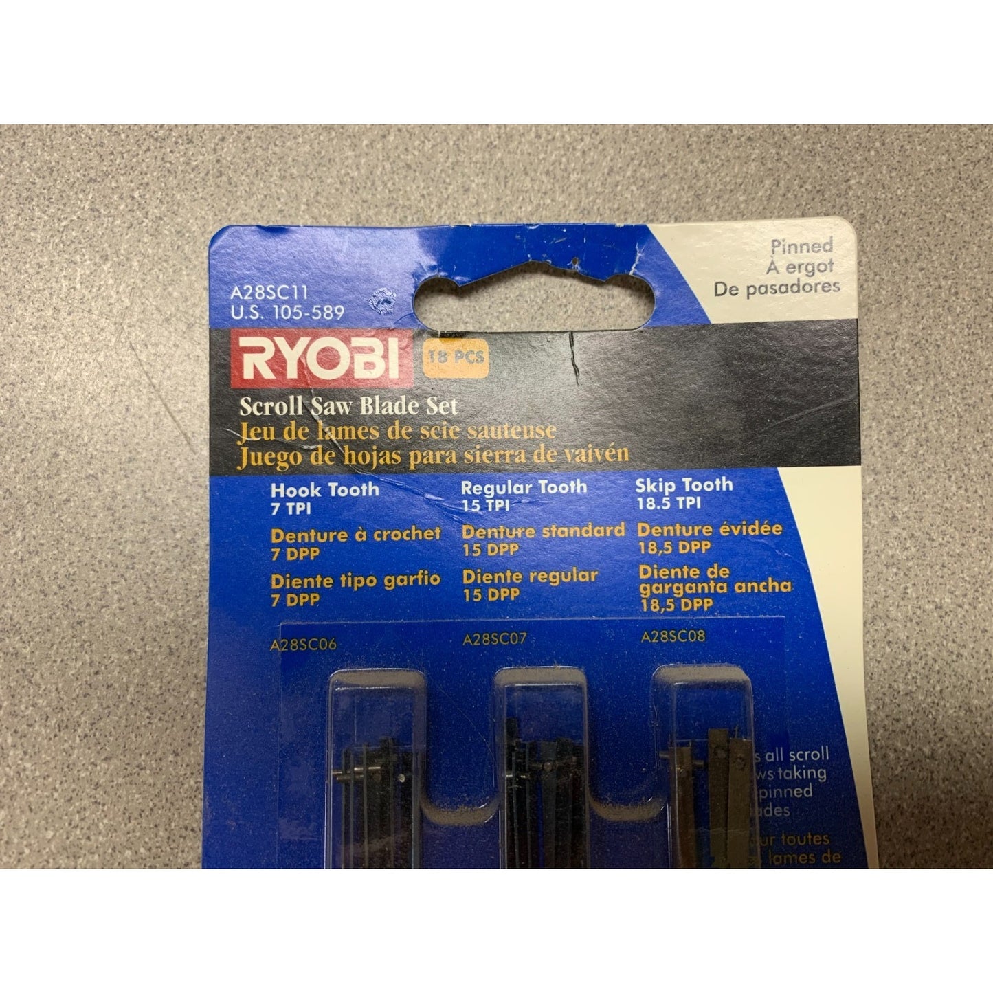 Ryobi A28SC11 Scroll Saw Blade Assorted Set of 18 top of package detailing contents