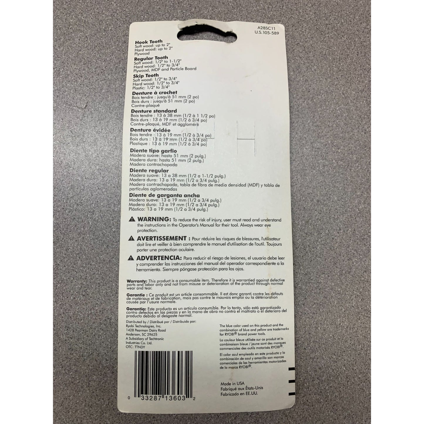 Ryobi A28SC11 Scroll Saw Blade Assorted Set of 18 back of package item details