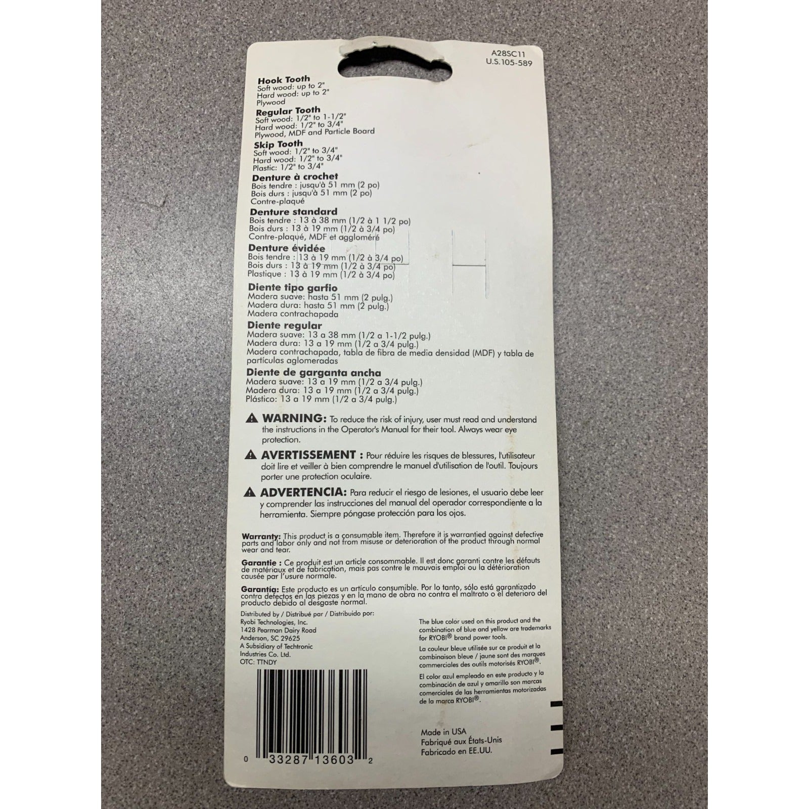 Ryobi A28SC11 Scroll Saw Blade Assorted Set of 18 back of package item details