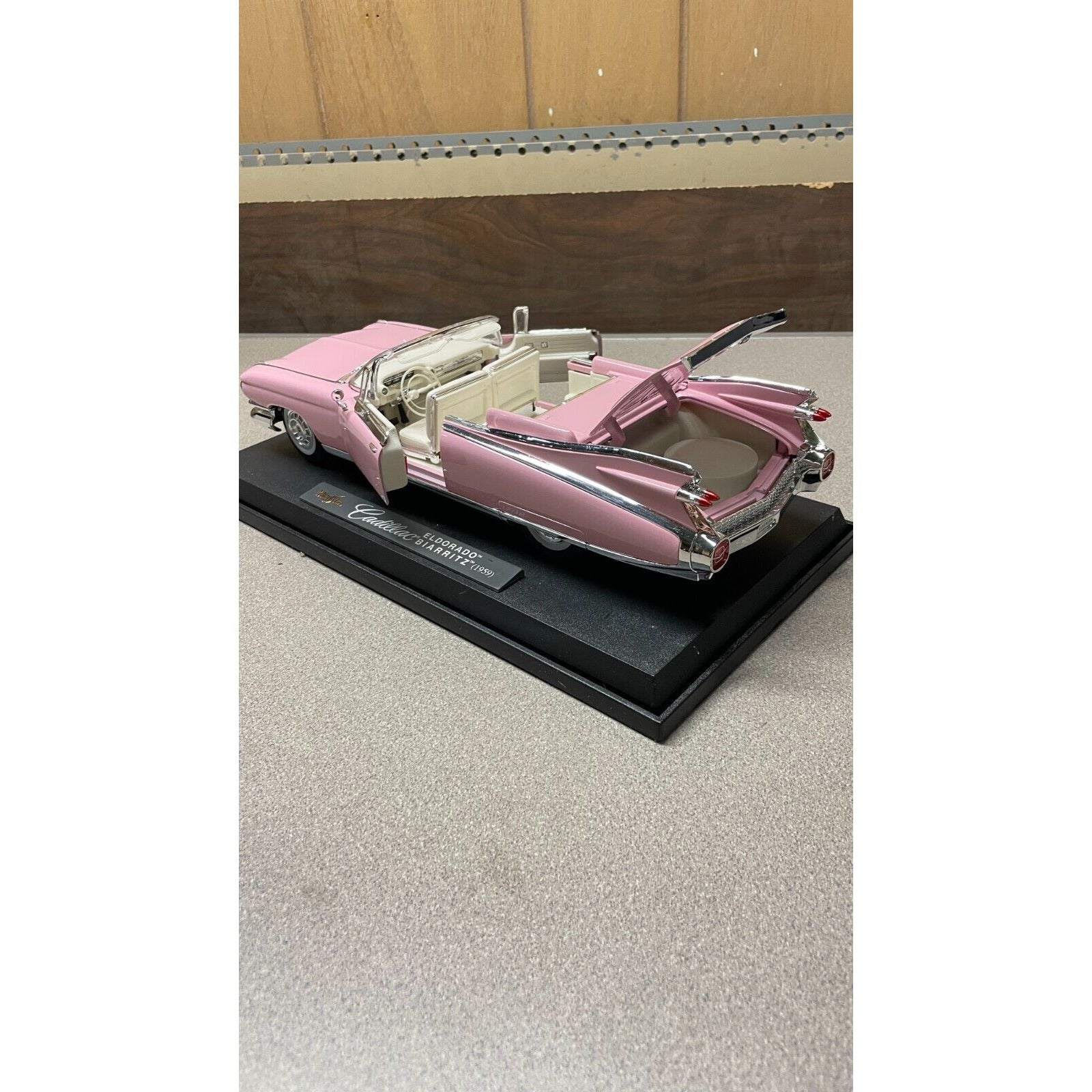 Maisto 1959 Eldorado Biarritz Pink Die Cast, Scale: 1/18 driver's side/rear view with trunk/doors open